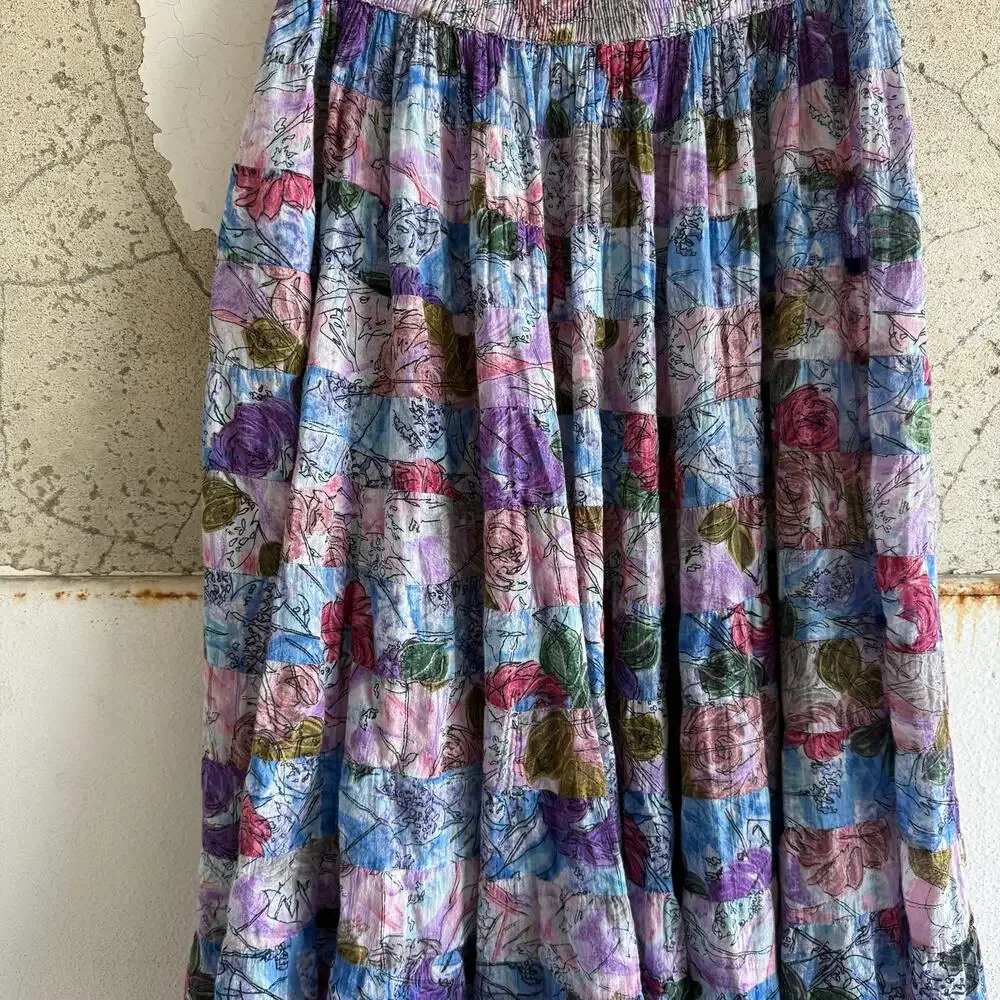 Boho Maxi Skirt Vintage Patchwork Crinkle Cotton Festival Tiered Midi‎ One Size - Picture 2 of 5